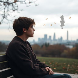 A melancholic young man sitting on a park bench, deep in thought