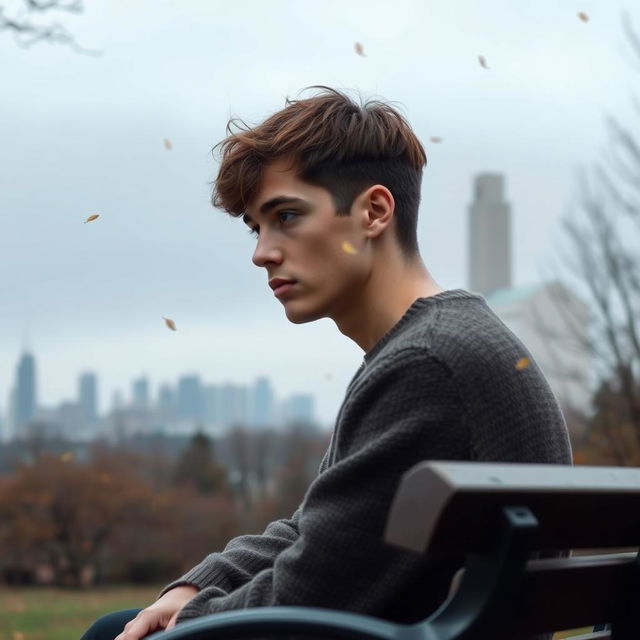 A melancholic young man sitting on a park bench, deep in thought