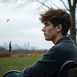 A melancholic young man sitting on a park bench, deep in thought