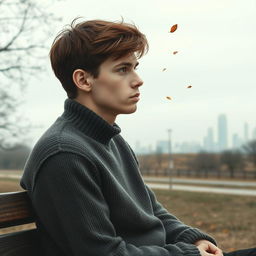 A melancholic young man sitting on a park bench, deep in thought