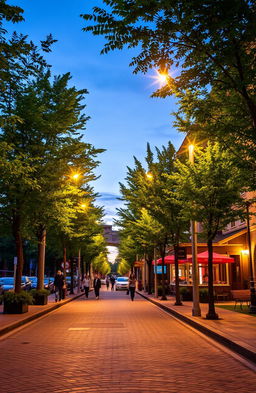 A vibrant city street scene covering three-quarters of the page, featuring a well-lit street lined with tall street lights casting a warm glow