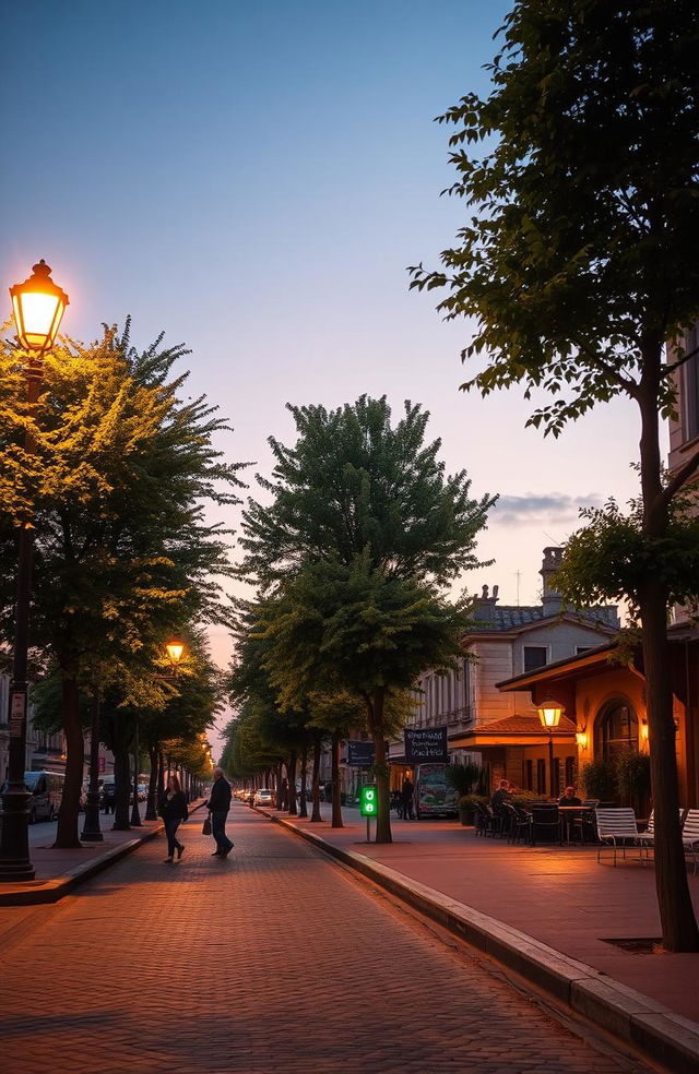 A vibrant city street scene covering three-quarters of the page, featuring a well-lit street lined with tall street lights casting a warm glow