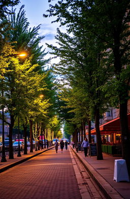 A vibrant city street scene covering three-quarters of the page, featuring a well-lit street lined with tall street lights casting a warm glow