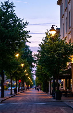 A vibrant city street scene covering three-quarters of the page, featuring a well-lit street lined with tall street lights casting a warm glow