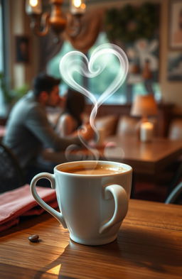 A romantic scene titled 'Love between Coffee and Confession', featuring a beautifully presented cup of coffee with heart-shaped steam swirling above it, symbolizing warmth and affection
