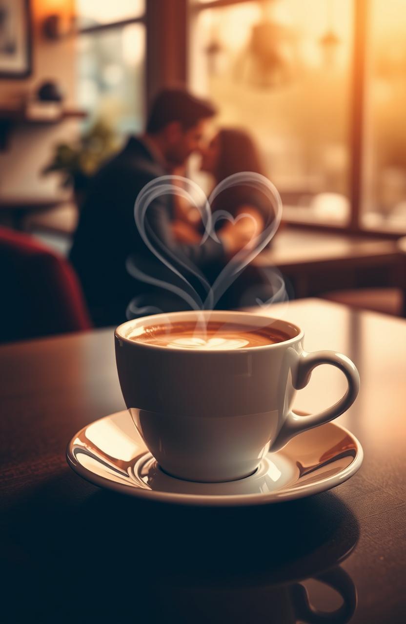 A romantic scene titled 'Love between Coffee and Confession', featuring a beautifully presented cup of coffee with heart-shaped steam swirling above it, symbolizing warmth and affection