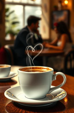 A romantic scene titled 'Love between Coffee and Confession', featuring a beautifully presented cup of coffee with heart-shaped steam swirling above it, symbolizing warmth and affection