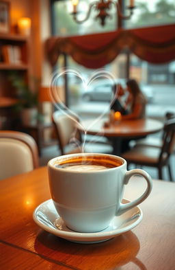 A romantic scene titled 'Love between Coffee and Confession', featuring a beautifully presented cup of coffee with heart-shaped steam swirling above it, symbolizing warmth and affection
