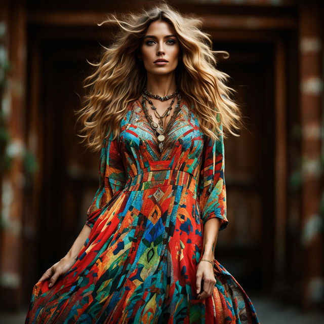 Full-body photograph of a model in a different boho dress. The image captures her grace and the unique design of the dress.