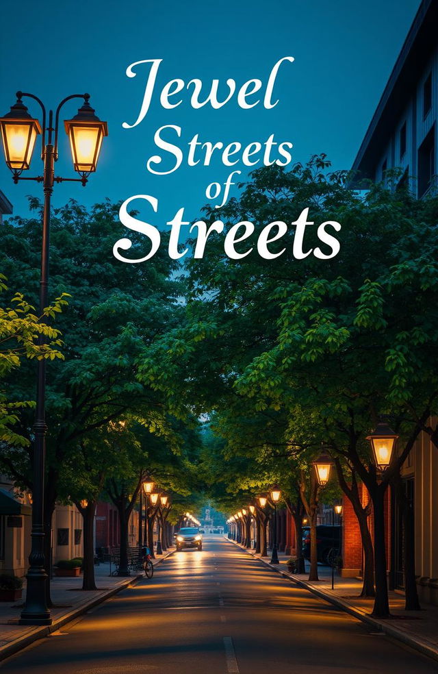 A picturesque urban street scene that covers three-fourths of the page, beautifully illuminated by vintage street lights casting soft, warm glows