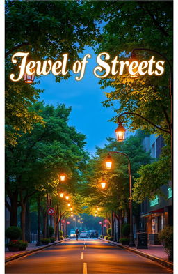 A picturesque urban street scene that covers three-fourths of the page, beautifully illuminated by vintage street lights casting soft, warm glows