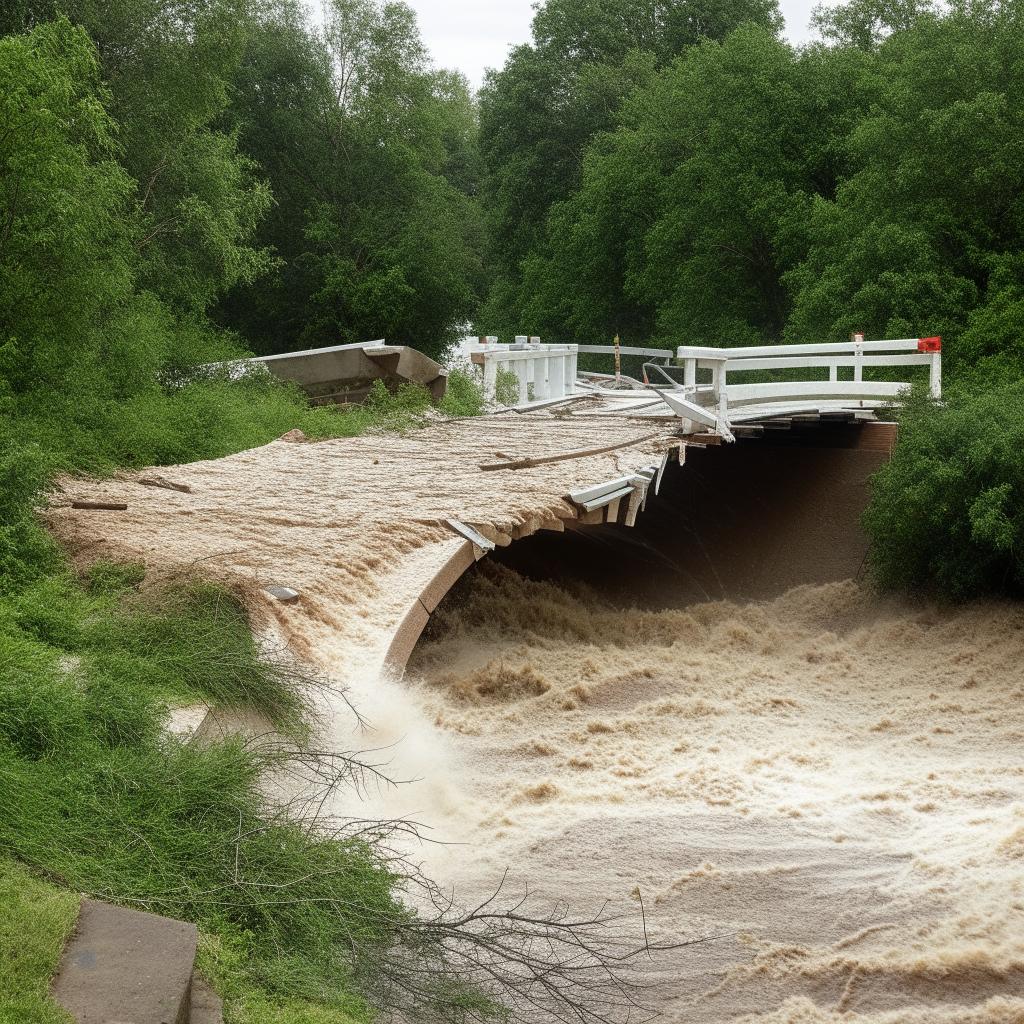 A significant flood causing the destruction of a one-lane, road-level bridge, capturing the sheer force of nature's upheaval.