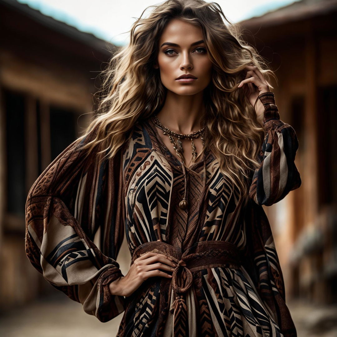 Zoomed-out, editorial-style photograph of a model in a dark brown, neutral-toned boho dress striking a magazine pose.