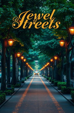 A vibrant street scene covering three-fourths of the page, featuring charming street lights casting a warm glow