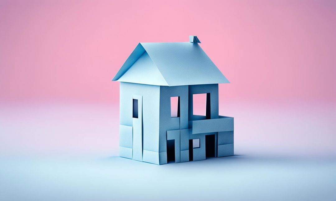 A minimalist digital art piece featuring an intricate origami house made from pastel blue paper against a soft gradient background transitioning from pastel pink to lavender.