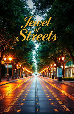 A vibrant street scene covering three-fourths of the page, featuring charming street lights casting a warm glow