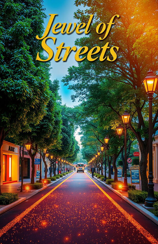 A vibrant street scene covering three-fourths of the page, featuring charming street lights casting a warm glow