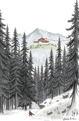 A captivating sketch of a mysterious valley filled with tall, lush pine trees