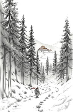 A captivating sketch of a mysterious valley filled with tall, lush pine trees