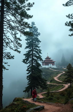 A serene, mysterious valley enveloped in a soft mist, dotted with tall, majestic pine trees