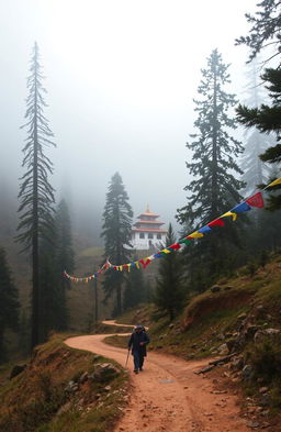 A serene, mysterious valley enveloped in a soft mist, dotted with tall, majestic pine trees
