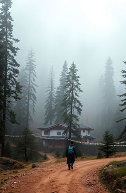 A serene, mysterious valley enveloped in a soft mist, dotted with tall, majestic pine trees