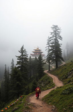 A serene, mysterious valley enveloped in a soft mist, dotted with tall, majestic pine trees