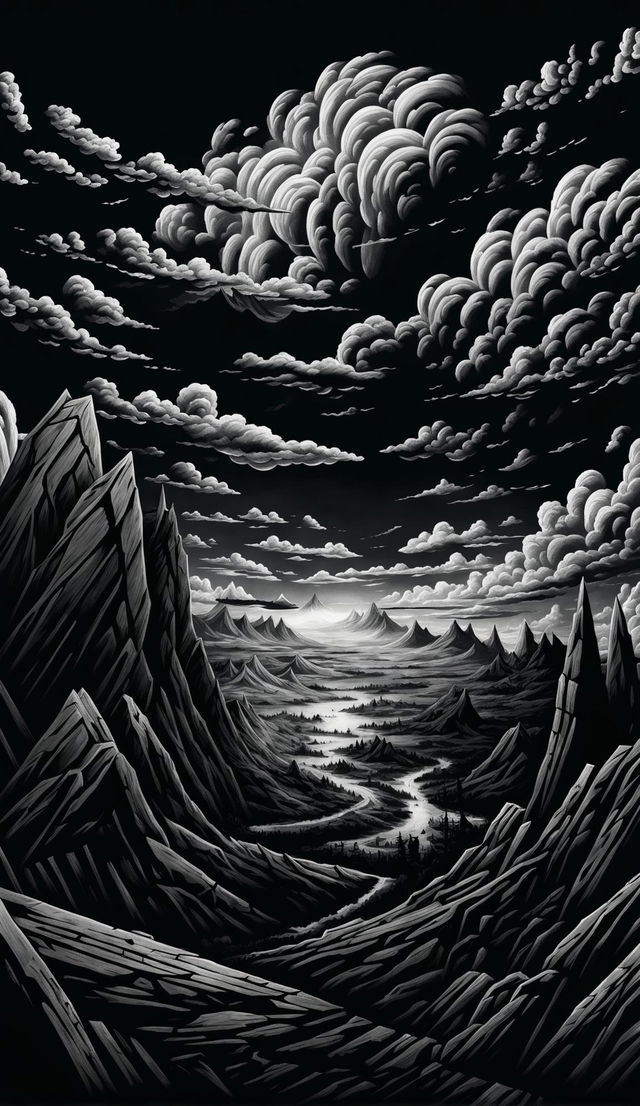 A pencil-hatched anime style depiction of a hellish landscape from Berserk with ominous clouds, jagged rocks, barren plains and a looming mountain range.