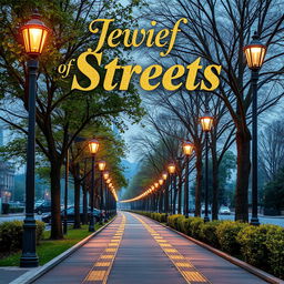 A picturesque street scene covering three-fourths of the page, showcasing stylish street lights illuminating a tranquil urban environment
