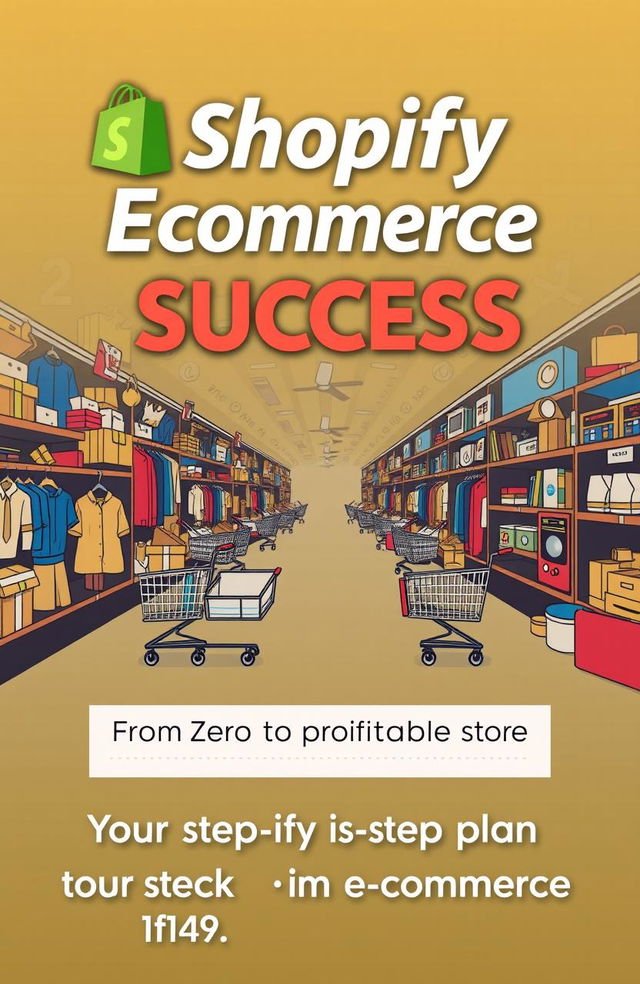 A detailed book cover design layout for an e-commerce guide titled "Shopify Success: From Zero to Profitable Store"