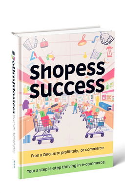A detailed book cover design layout for an e-commerce guide titled "Shopify Success: From Zero to Profitable Store"