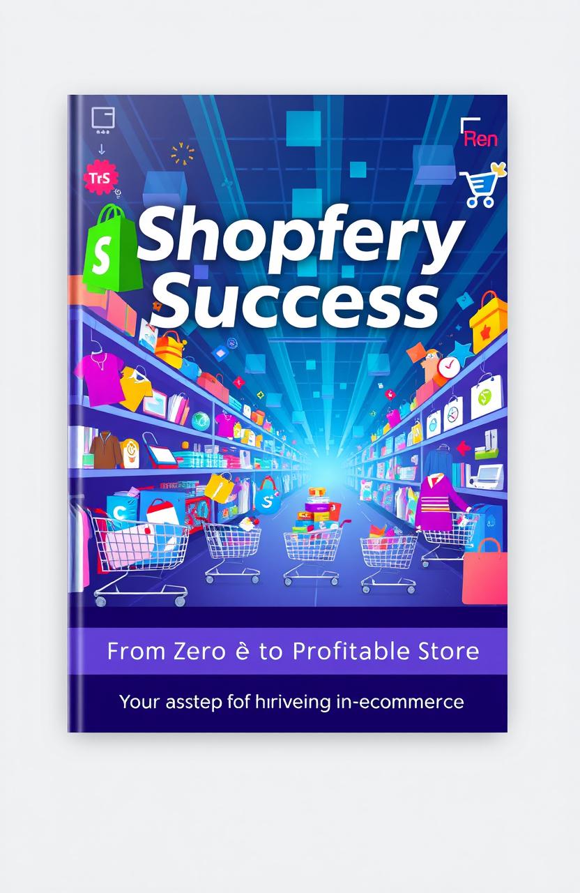 A detailed book cover design layout for an e-commerce guide titled "Shopify Success: From Zero to Profitable Store"