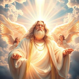 A majestic and powerful depiction of God as a radiant and ethereal being, surrounded by shimmering clouds and beams of light