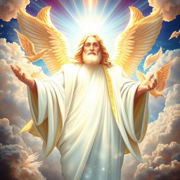 A majestic and powerful depiction of God as a radiant and ethereal being, surrounded by shimmering clouds and beams of light