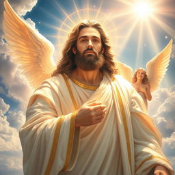 A majestic and powerful depiction of God as a radiant and ethereal being, surrounded by shimmering clouds and beams of light