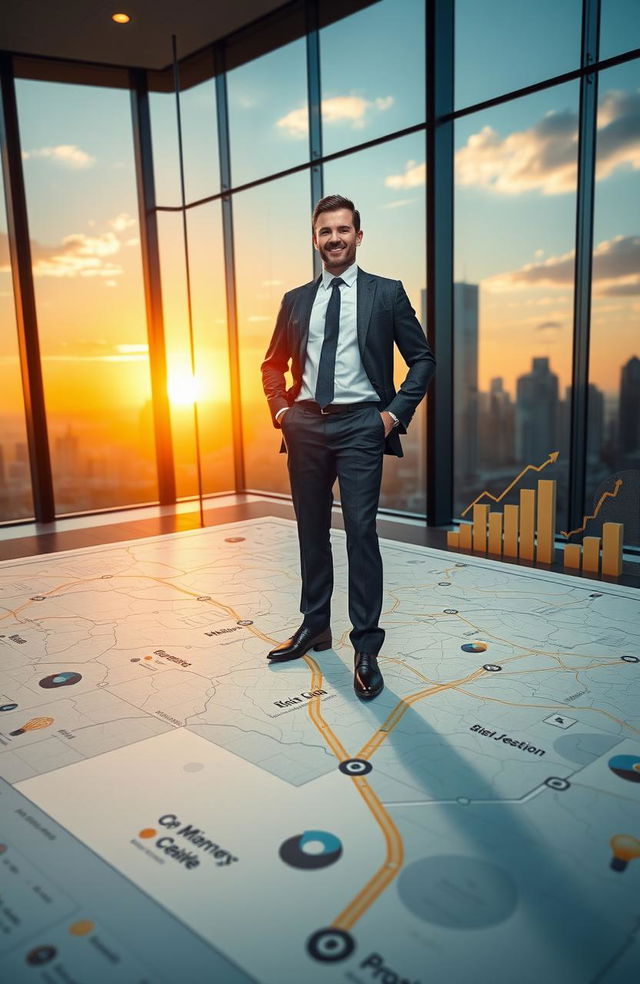 An inspiring scene depicting a confident business leader standing on a large map that symbolizes strategic planning, with charts and graphs illustrating growth and success in the background