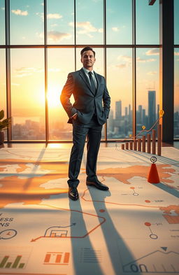 An inspiring scene depicting a confident business leader standing on a large map that symbolizes strategic planning, with charts and graphs illustrating growth and success in the background