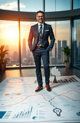 An inspiring scene depicting a confident business leader standing on a large map that symbolizes strategic planning, with charts and graphs illustrating growth and success in the background