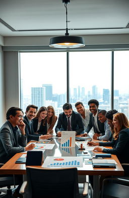 An inspiring scene of strategic leadership, depicting a diverse group of confident business leaders gathered around a large conference table, brainstorming with charts and graphs showcasing positive trends