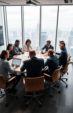 An inspiring scene of strategic leadership, depicting a diverse group of confident business leaders gathered around a large conference table, brainstorming with charts and graphs showcasing positive trends