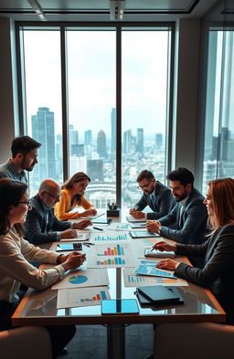 An inspiring scene of strategic leadership, depicting a diverse group of confident business leaders gathered around a large conference table, brainstorming with charts and graphs showcasing positive trends