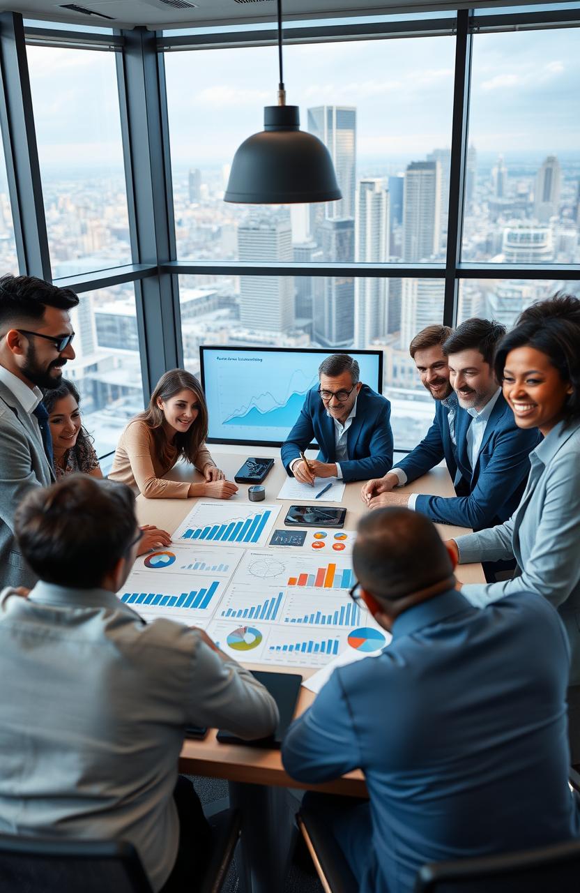 An inspiring scene of strategic leadership, depicting a diverse group of confident business leaders gathered around a large conference table, brainstorming with charts and graphs showcasing positive trends