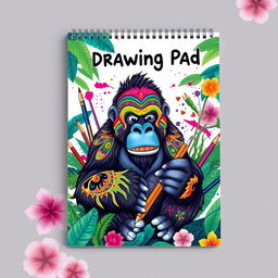 A creatively designed cover for a drawing pad featuring a vibrant and artistic gorilla illustration