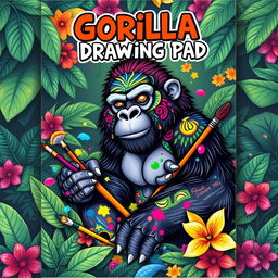 A creatively designed cover for a drawing pad featuring a vibrant and artistic gorilla illustration