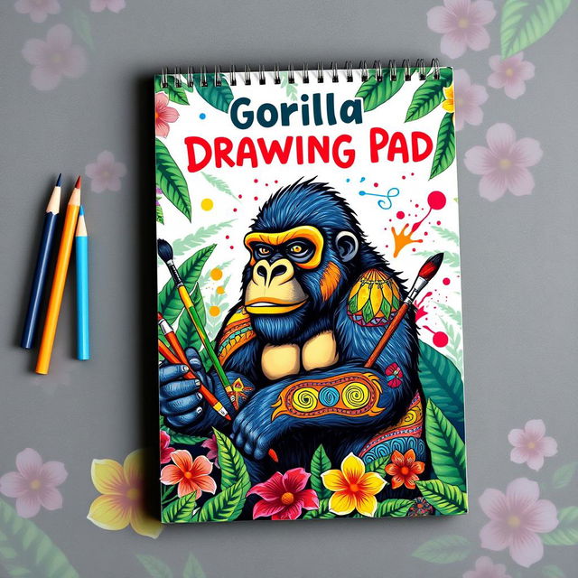 A creatively designed cover for a drawing pad featuring a vibrant and artistic gorilla illustration