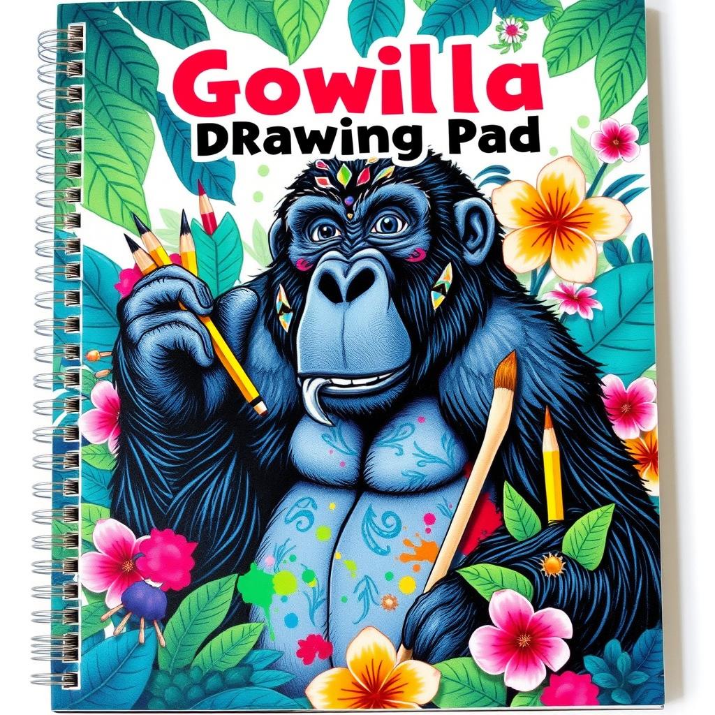 A creatively designed cover for a drawing pad featuring a vibrant and artistic gorilla illustration