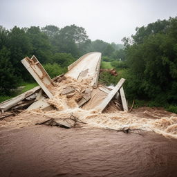 A significant flood causing the destruction of a one-lane, road-level bridge, capturing the sheer force of nature's upheaval.