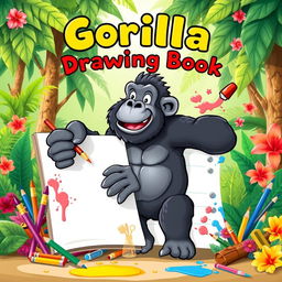A whimsical and colorful cover design for a drawing book featuring a charismatic gorilla as the central figure