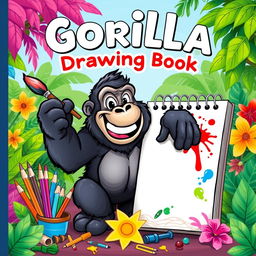 A whimsical and colorful cover design for a drawing book featuring a charismatic gorilla as the central figure