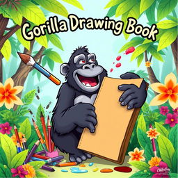 A whimsical and colorful cover design for a drawing book featuring a charismatic gorilla as the central figure